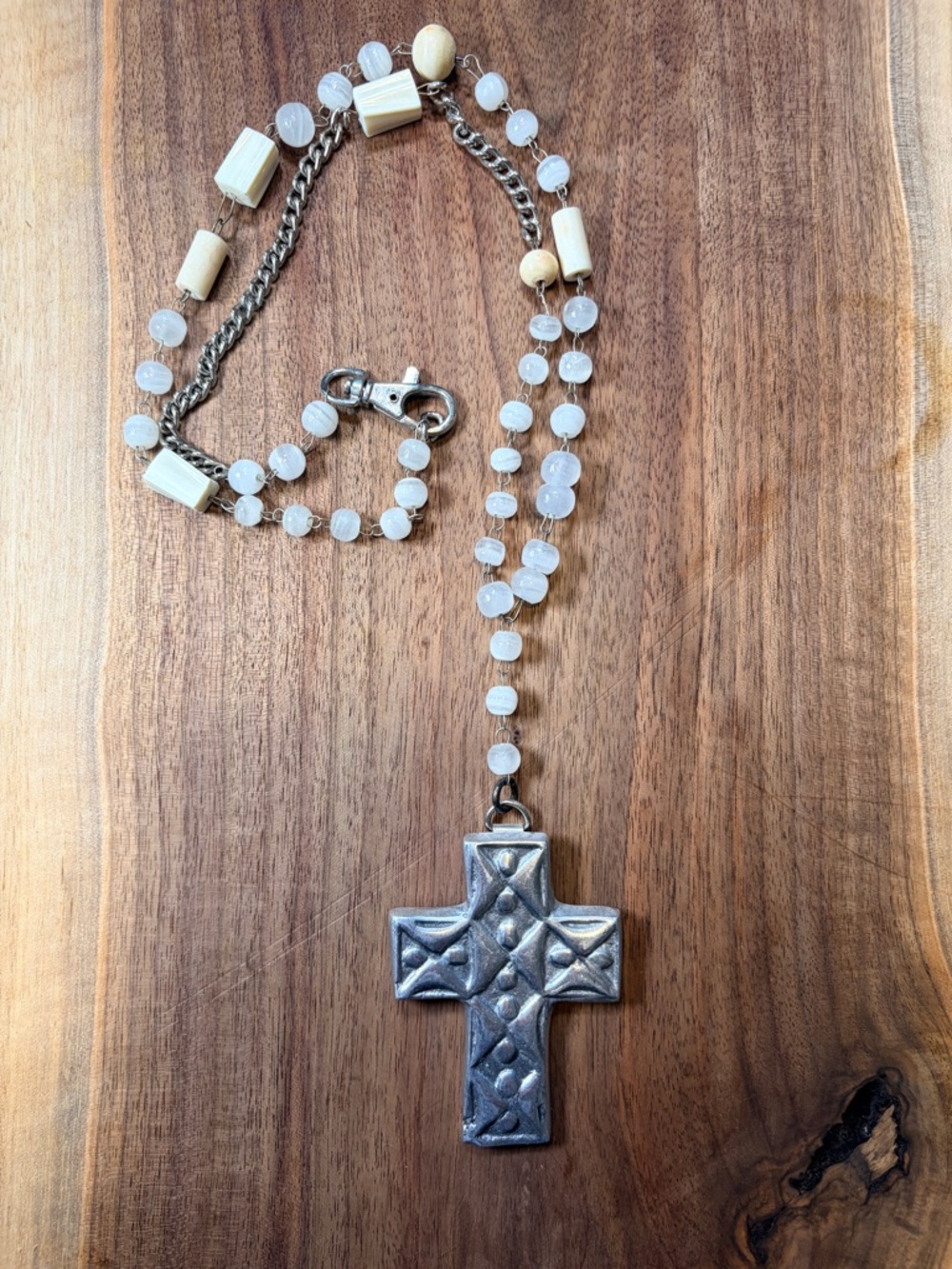 White Beaded Cross Pendant Necklace - Unbranded
